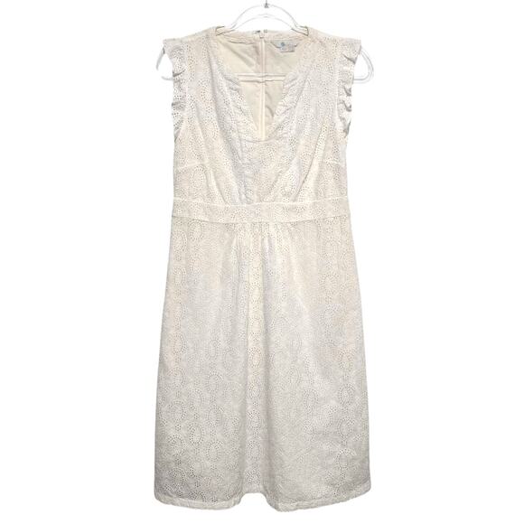 Boden White Eyelet Midi Dress Sleeveless V Neck Ruffle Detail 100% Cotton 10P - Picture 1 of 6